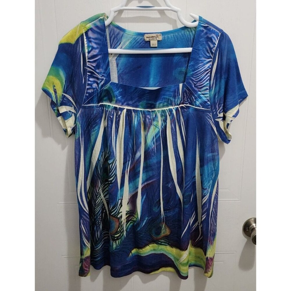 One‎ Word Women's Short Sleeve Square Neck Blouse Top Blue Peacock Print Plus 1X